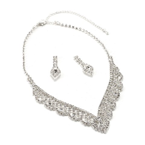 Silver Crystal Waterdrop Dangle Earrings & V Leaf Rhinestone Necklace Set