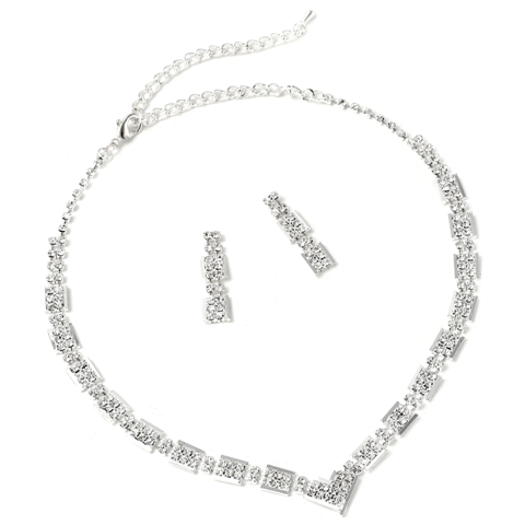 Silver Crystal Rectangle Baguette Small V Chain Necklace & Matching Dangle Earrings Jewelry Set