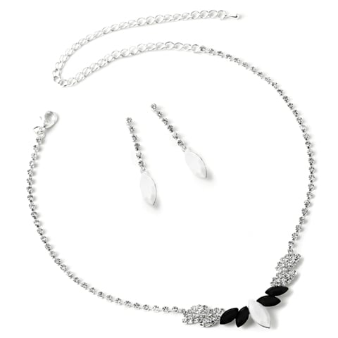 Silver Crystal With Jet Acrylic White Eye Necklace & Matching Dangle Earrings Jewelry Set