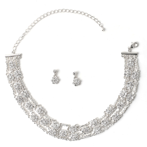 Silver Crystal Rhinestone Flower Net Necklace & Matching Flower Dangle Earrings Jewelry Set