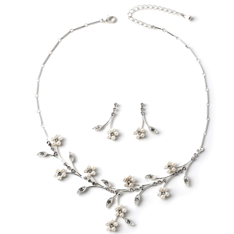 Silver Crystal Leaf - White Pearl Flower Dangle Earrings & Matching Necklace Jewelry Set