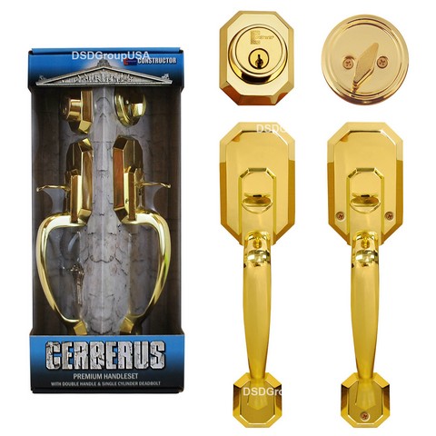 Cerberus Entry Hand Set Door Lock Handle, Polished Brass