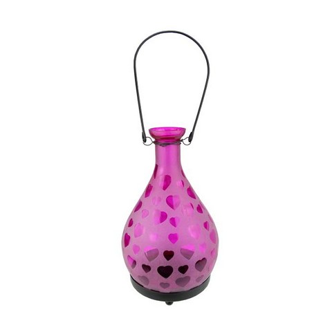 8.75 In. Frosted Pink Hearts Glass Bottle Tea Light Candle Lantern Decoration