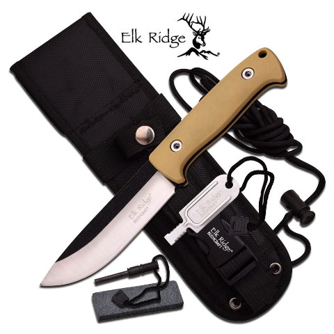 ER-555TN 10.5 in. Nylon Fiber Fixed Blade Survival Knife Set, Tan