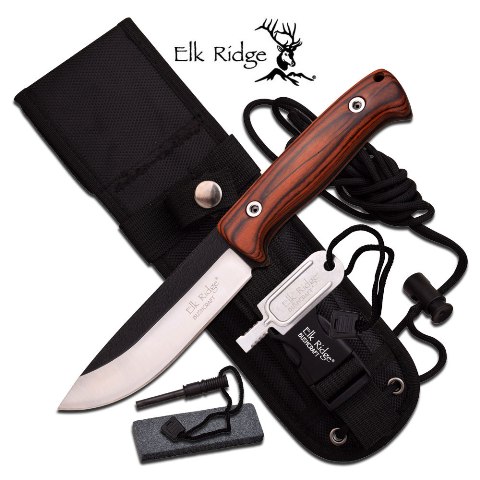 ER-555PW 10.5 in. Pakkawood Fixed Blade Survival Knife Set, Brown