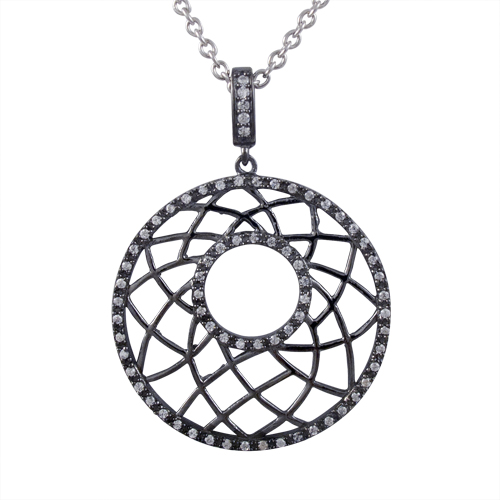 30 Mm Black Color Sterling Silver Circle Pendant Line Design With White Cubic Zirconia