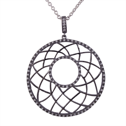 40 Mm Black Color Sterling Silver Circle Pendant Line Design With White Cubic Zirconia