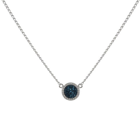 16 In. Rhodium Plated Sterling Silver 11 Mm Round Circle & 8 Mm Blue Druzy Natural Stone Cubic Zirconia Border Necklace