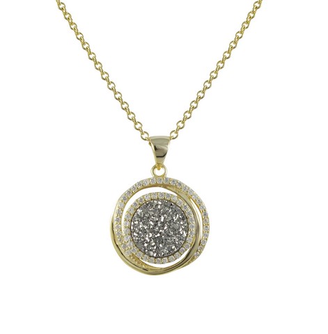 1.10 In. Gold Plated Sterling Silver Grey Druzy Round Pendant With Cubic Zirconia