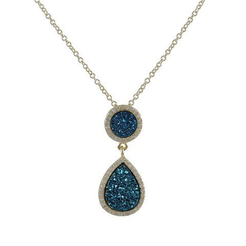 1.22 In. Gold Plated Sterling Silver 11 Mm Round Circle With 13.5 X 17.5 Mm Teardrop & Blue Druzy Natural Stone Cubic Zirconia Border Pendant