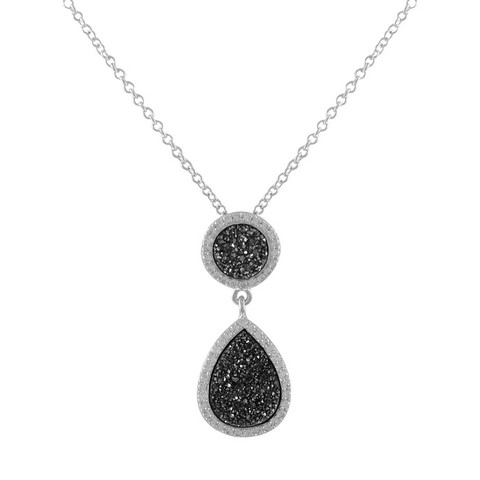 1.22 In. Rhodium Plated Sterling Silver 11 Mm Round Circle & 13.5 X 17.5 Mm Teardrop With Grey Druzy Natural Stone Cubic Zirconia Border Pendant