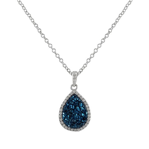 Rhodium Plated Sterling Silver 13.5 X 17.5 Mm Teardrop With Blue Druzy Natural Stone Cubic Zirconia Border Pendant