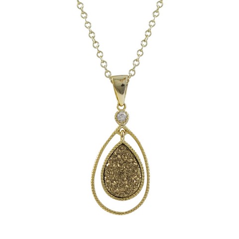 Gold Plated Sterling Silver Champagne Teardrop Druzy Cubic Zirconia Pendant, 1.6 X 32.6 X 3 Mm