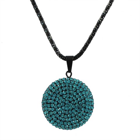 25mm Aqua Black Clay Flat 25 Mm Circle Pendant Covered With Aqua Crystals On Black Steel Chain, 16 In.