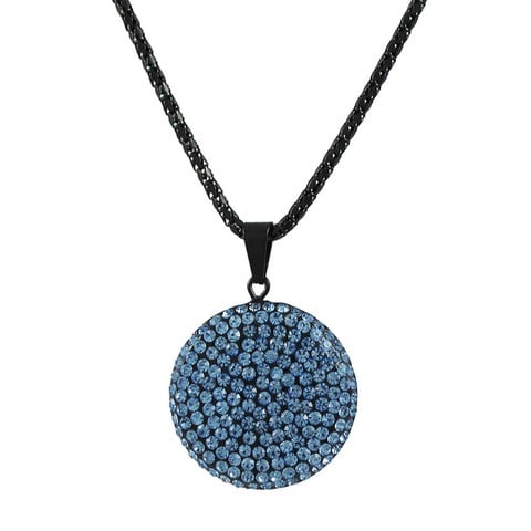 25mm Blue Black Clay Flat 25 Mm Circle Pendant Covered With Blue Crystals On Black Steel Chain, 16 In.