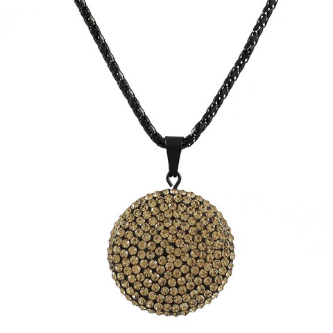 Black Clay Flat 25 Mm Circle Pendant Covered With Champagne Crystals On Black Steel Chain, 16 In.