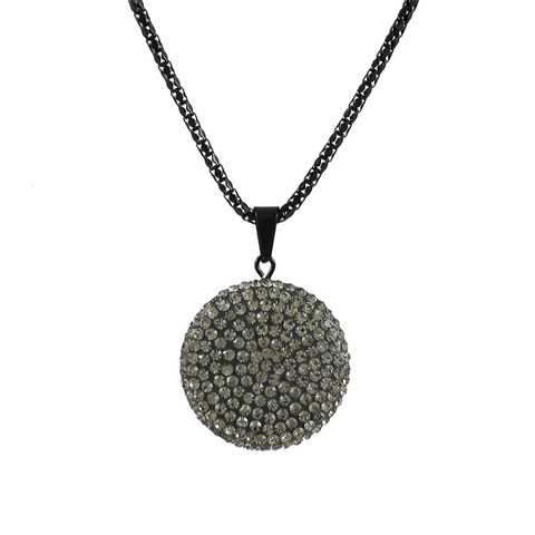 25mm Grey Grey Clay Flat 25 Mm Circle Pendant Covered With Grey Crystals On Black Steel Chain, 16 In.