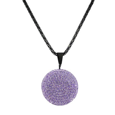 25mm Lavender Lavender Clay Flat 25 Mm Circle Pendant Covered With Lavender Crystals On Black Steel Chain, 16 In.