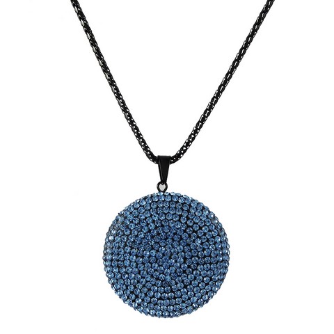 35mm Blue Black Clay Flat 35 Mm Circle Pendant Covered With Blue Crystals On Black Steel Chain 16 X 3 In.