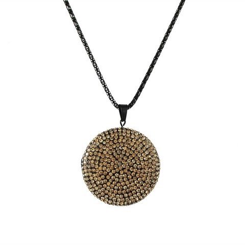 35mm Champ Black Clay Flat 35 Mm Circle Pendant Covered With Champagne Crystals On Black Steel Chain, 16 In.