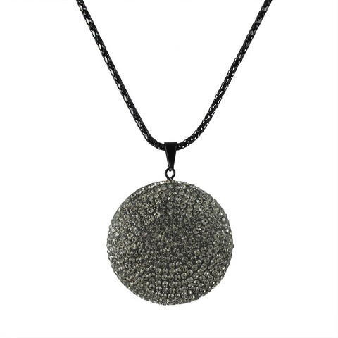 35mm Grey Grey Clay Flat 35 Mm Circle Pendant Covered With Grey Crystals On Black Steel Chain, 16 In.