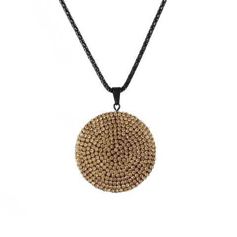 35mm Peach Black Clay Flat 35 Mm Circle Pendant Covered With Peach Crystals On Black Steel Chain, 16 In.