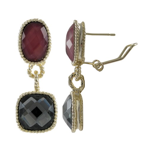 Gold Plated Brass Omega Clip Earrings, Dark Red & Grey Color
