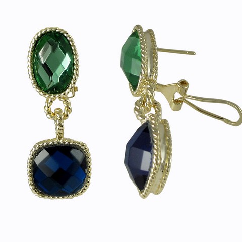 Gold Plated Brass Omega Clip Earrings, Green & Blue Color