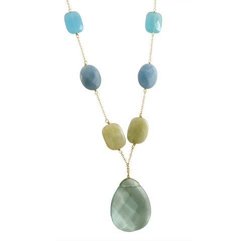20 Turquoise Teardrop With Green Jade Adventurine Amazonite & Blue-gold Plated Sterling Silver Chain