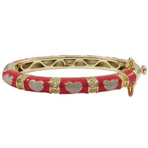 35 Mm Hot Pink Enamel Hearts-gold Plated Brass Bangle, White