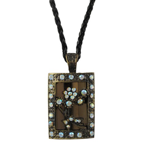 Crystal Ab Flower With Border Bronze Frame Pendant Black Braided Chain Necklace, 16 X 3 In.