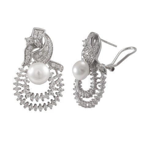 1.06 In. Rhodium Plated Sterling Silver Cubic Zirconia With White 8 Mm Fresh With Ater Pearl, Post Clip Earrings
