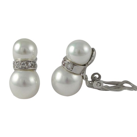 0.75 In. Sterling Silver Cubic Zirconia White Pearl Clip On Earrings