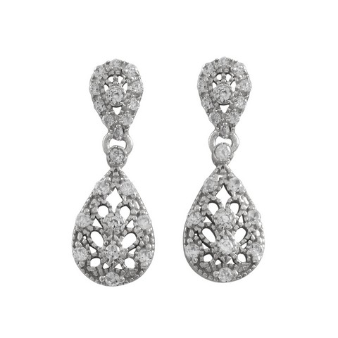 0.94 In.rhodium Plated Sterling Silver Lacy Teardrop With White Cubic Zirconia Post Earrings