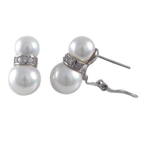 0.71 In. Sterling Silver White Double Pearl With Cubic Zirconia Post Clip Earrings
