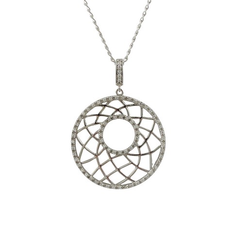 Rhodium Plated Sterling Silver 28 Mm Round Circle Pendant & Line Design With White Cubic Zirconia, 28 X 39.3 X 2 Mm