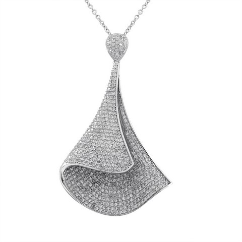 Sterling Silver Large Upside Down Cone Shape White Pendant With Cubic Zirconia Pave