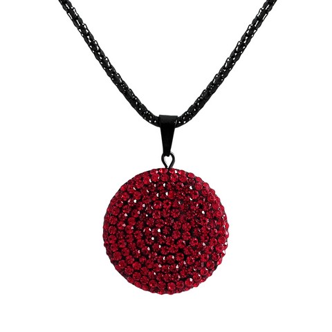 25mm Red Black Clay Flat 25 Mm Circle Pendant Covered With Red Crystals & Black Steel Chain, 16 In.