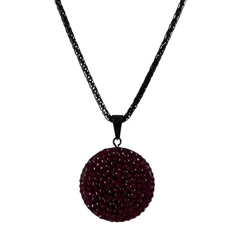 25mm Grnt Black Clay Flat 25 Mm Circle Pendant Covered With Garnet Crystals & Black Steel Chain, 16 In.