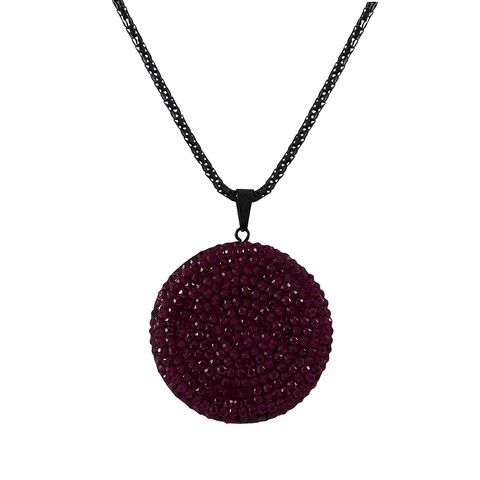 35mm Grnt Black Clay Flat 35 Mm Circle Pendant Covered With Garnet Crystals & Black Steel Chain, 16 In.