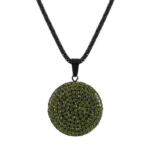 25mm Olive Black Clay Flat 25 Mm Circle Pendant Covered With Olive Crystals & Black Steel Chain, 16 In.