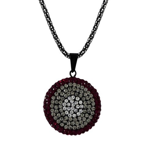 25mm Grnt-gry-wht Black Clay Flat 25 Mm Circle Pendant Covered Garnet With Grey & White Crystals, Black Steel Chain - 16 In.