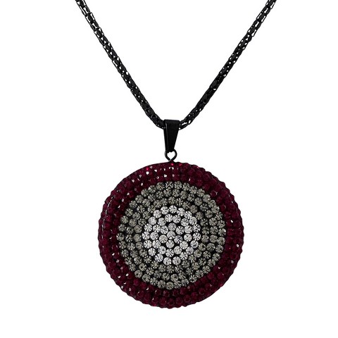 35mm Grnt-gry-wht Black Clay Flat 35 Mm Circle Pendant Covered Garnet With Grey & White Crystals, Black Steel Chain - 16 In.