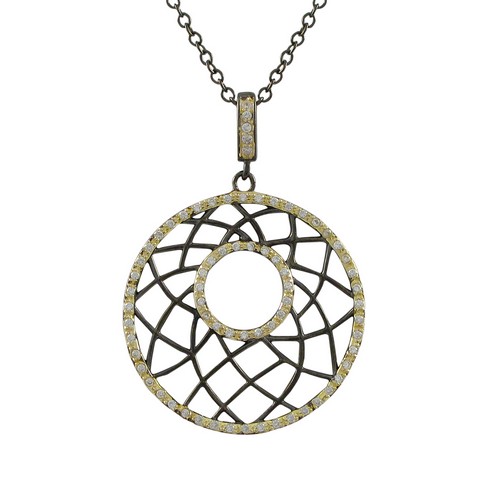 Gold & Black Over Sterling Silver 30 Mm Circle Pendant, Line Design With White Cubic Zirconia - 1.54 In.