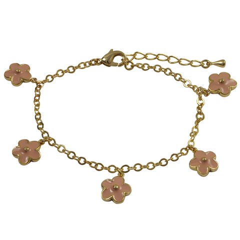 5 Pink Enamel Flowers Dangling & 5 In. Gold Tone Brass Bracelet