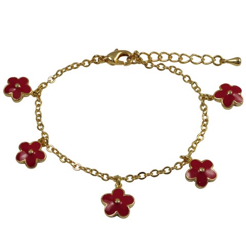 5 Red Enamel Flowers Dangling & 5 In. Gold Tone Brass Bracelet