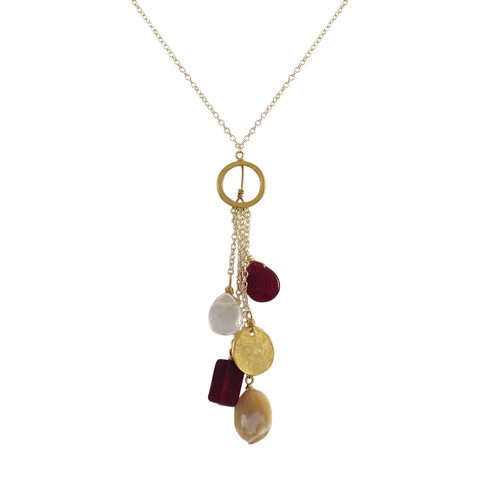 Garnet & Clear Semi Precious Stones Lariat Style With Gold Tone Brass Chain, 13 X 19 In.