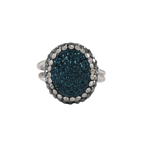 5 X 9 Blue Druzy Natural Stone Surrounded Black & White Cubic Zirconia Crystals With Rhodium Plated Sterling Silver Adjustable Ring