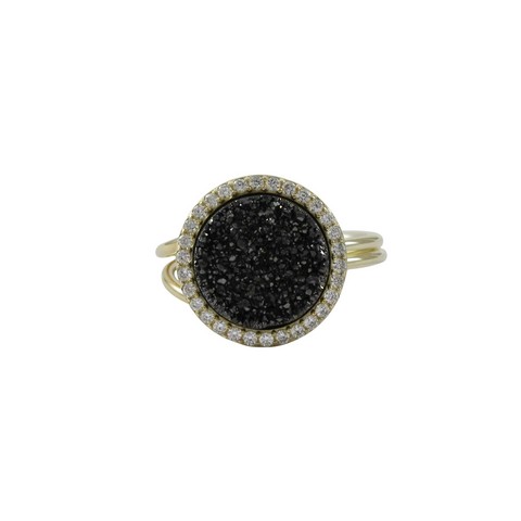5 X 10 Gold Plated Sterling Silver 15 Mm Round Circle & 12 Mm Grey Druzy Natural Stone Cubic Zirconia Border Adjustable Ring