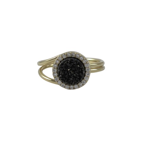 5 X 10 Gold Plated Sterling Silver 11 Mm Round Circle & 8 Mm Grey Druzy Natural Stone Cubic Zirconia Border Adjustable Ring